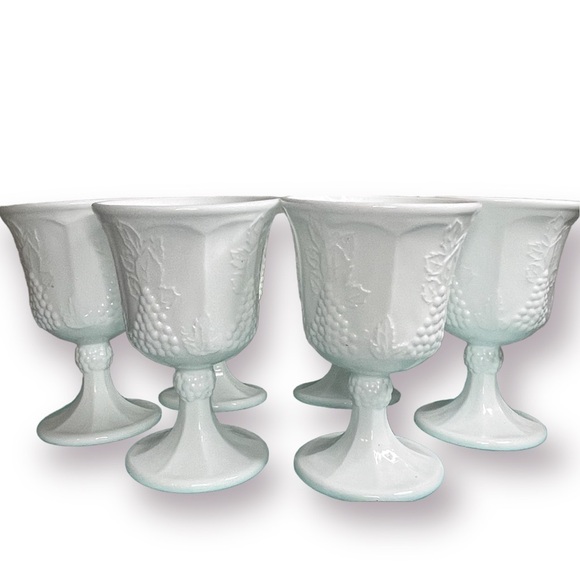 VINTAGE Milk Glass Pedestal Goblets Harvest Grape Set of 6 - Picture 4 of 6